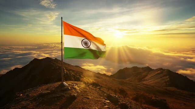 Majestic indian flag atop mountain for independence day india