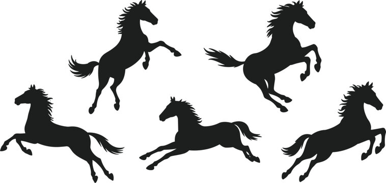 Running horse silhouette vector set, isolated wild stallions galloping and rearing on white background