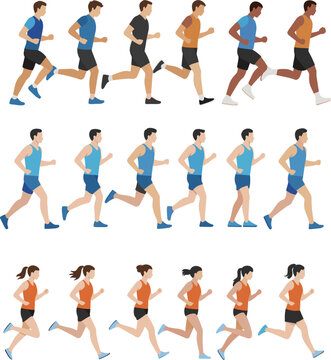 Running people animation cycle vector set, jogging man and woman sprite sheet on white background