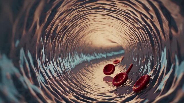 Red blood cells flow through a cylindrical blood vessel, showcasing the movement and dynamics of circulation in a human body, illuminated by soft light reflections