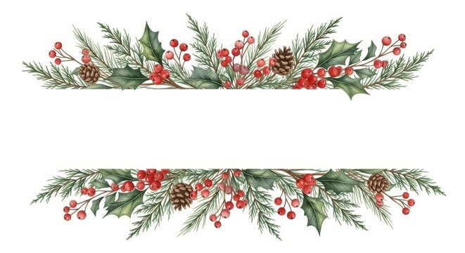Watercolor Christmas Border with Pine Branches, Holly Leaves, Red Berries and Pine Cones for Holiday Design