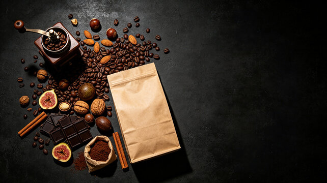 Top View Roasted Coffee Beans Vintage Manual Grinder Dark Chocolate Nuts Figs Next to Blank Sealed Brown Kraft Zipper Pouch Mockup