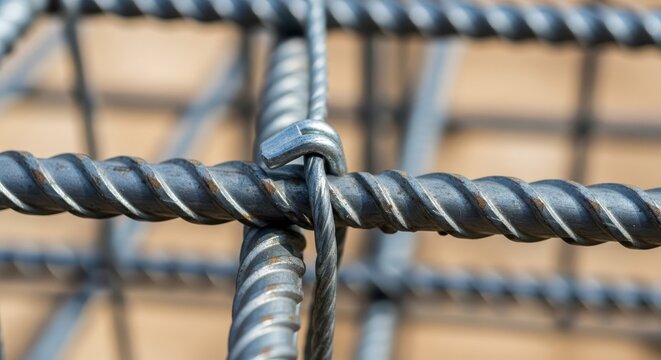 Close-up macro view of steel rebar being tightly bound with wire for structural reinforcement in construction