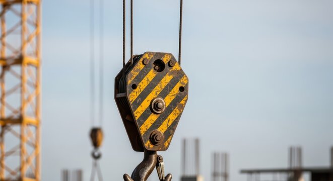 Close-up of a heavy-duty industrial crane hook with yellow and black stripes suspended outdoors