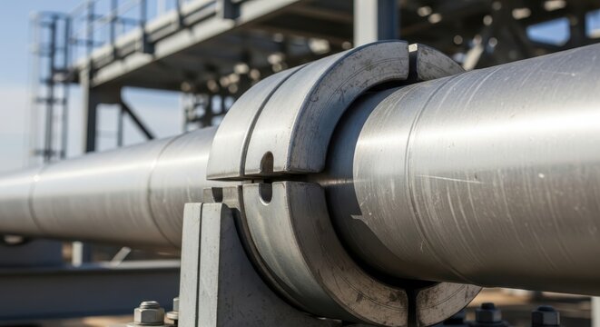 Close-up of a large, industrial steel pipeline section with supporting structures