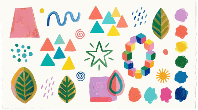 Vibrant collection of contemporary abstract geometric forms and handdrawn doodle elements featuring vivid paint textures and artistic collage aesthetic on a plain white background.