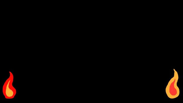 Against a dark background, two torches or tongues of flame burn in the lower corners of the image.