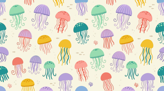 Vibrant aquatic jellyfish seamless pattern featuring colorful marine life in a flat cartoon style, ideal for summer vacation travel textiles, beach apparel, and artistic surface design print.