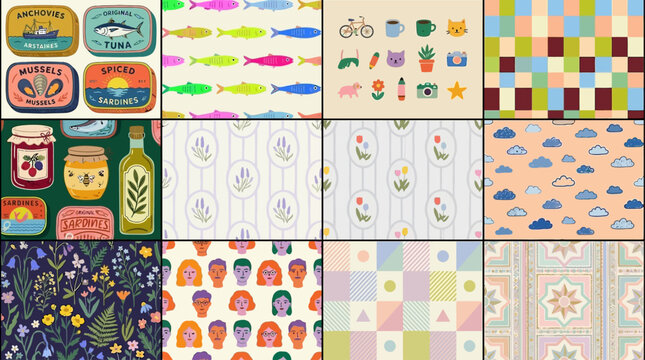 Vibrant artistic scribble seamless pattern bundle featuring minimalist geometric shape and creative line art in a modern abstract colorful backdrop for textile decor and digital wallpaper.