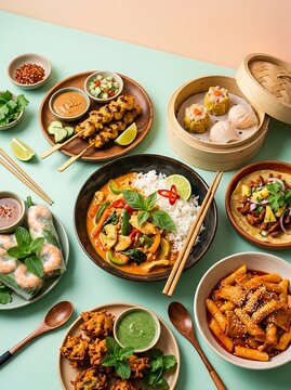 Assorted Asian Cuisine Dishes Spread Including Thai Curry Dim Sum and Satay