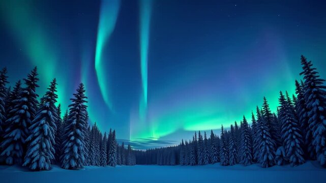 Watercolor aurora borealis dancing over snowy pine forest, green and purple waves slow motion, dark starry sky