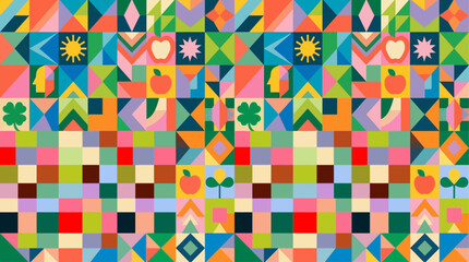 Vibrant geometric mosaic seamless pattern featuring creative abstract shapes and modern scandinavian aesthetic. Trendy bright symbols with minimalist textured background for artistic print. © THIBNH