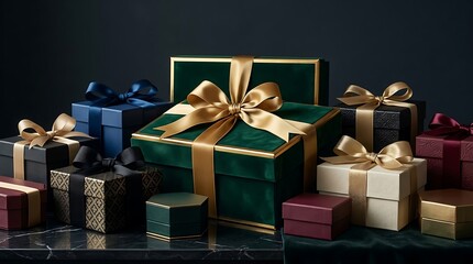 Assorted luxury gift boxes with satin ribbons on dark marble background