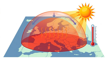 Obraz premium Conceptual illustration showing a heat dome effect over Europe, with intense red coloring indicating high temperatures and arrows depicting atmospheric circulation, set against a map