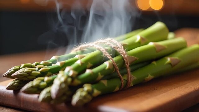 Fresh green asparagus bundles being tied with twine on wooden board, steam rising gently, rustic kitchen bokeh background