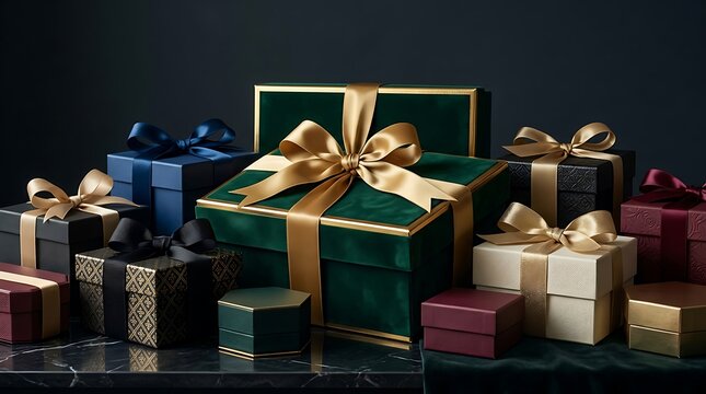 Assorted luxury gift boxes with satin ribbons on dark marble background