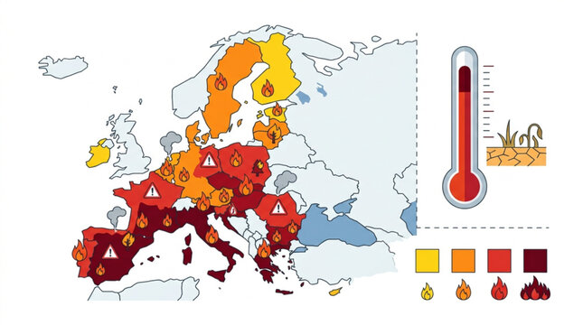 Map of Europe showing heatwaves and drought with fire icons and thermometer indicating extreme temperatures, conveying a global warming crisis