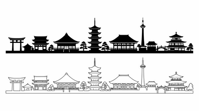 Kyoto City Skyline Silhouette and Outline Vector Illustration