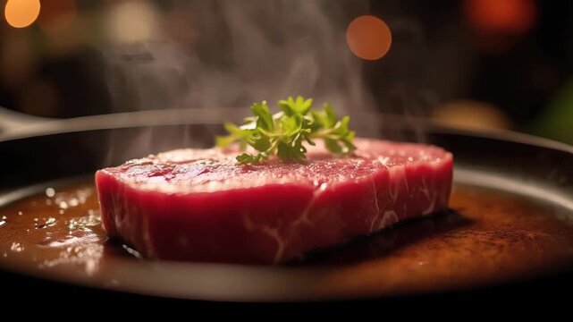 Sizzling wagyu beef steak on cast iron pan, butter basting in slow motion, dark restaurant kitchen bokeh