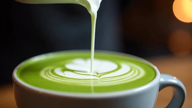 Barista pouring steamed oat milk into matcha latte, green swirl forming, minimal white cafe bokeh counter