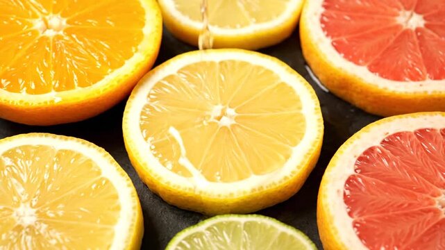 Fresh Citrus Fruit Slices with Water Droplets Falling on Surface.