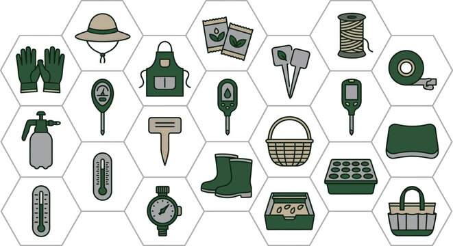 Essential gardening accessories, including protective gear, seed packets, soil meters, and various tools, arranged in a clean honeycomb pattern illustration.