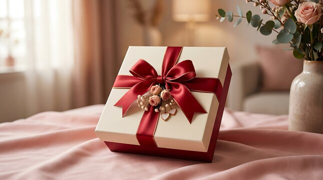 Elegant Gift Box Wrapped with Red Satin Ribbon and Roses on Pink Silk