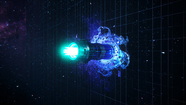 宇宙空間で青いエネルギー砲が隕石の壁を砕く場面