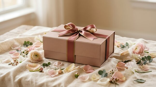 Elegant pink gift box with satin ribbon and flowers on linen