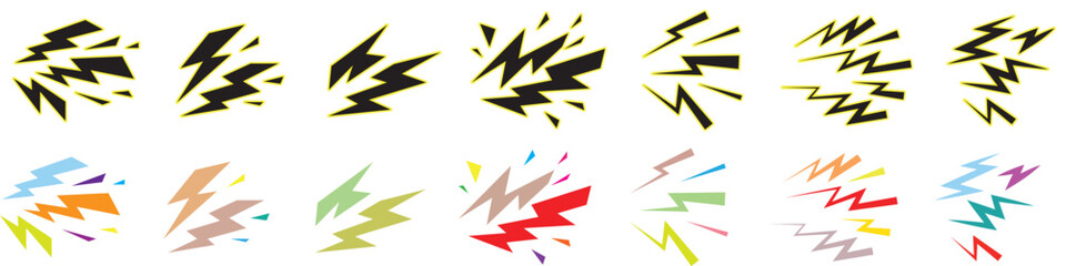 Set of comic style lightning bolt and explosion vector icons. Colorful cartoon lightning bolts and dynamic spark blast symbols © fatima