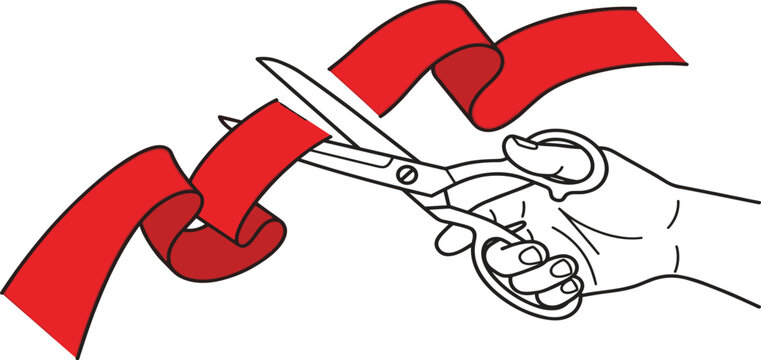 Grand Opening Ceremony Vector Illustration Featuring Hand Holding Scissors Cutting Red Ribbon for Business Launch Event Inauguration Celebration and Marketing Graphics