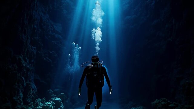 Diver exploring deep ocean cave illuminated sun rays