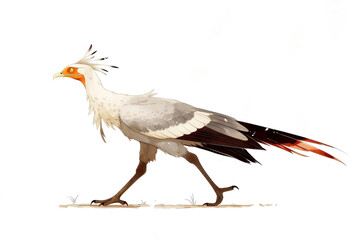 Fototapeta premium side view of graceful secretary bird walking across flat arid terrain in stylized illustration