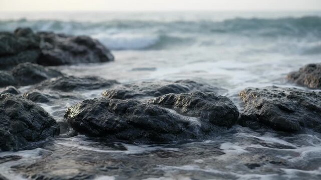 Serene ocean waves crashing coastal rocks