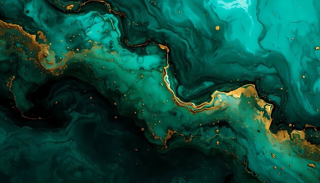Abstract luxury emerald green alcohol ink background with flowing liquid gold veins