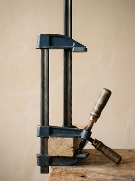 Professional metal bar clamp securing wood blocks on a carpentry workbench