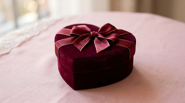 Heart Shaped Burgundy Velvet Gift Box with Ribbon on Pink Tablecloth