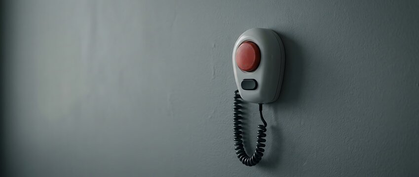 Hospital nurse call emergency button with red button on gray wall