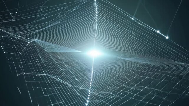 Abstract digital network structure with glowing nodes and lines evolving in a dark space, showcasing a continuous flow of interconnected elements and light