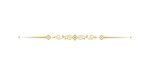 Elegant golden decorative line divider with ornate scrolls and diamonds, isolated on transparent background © TawfikStock