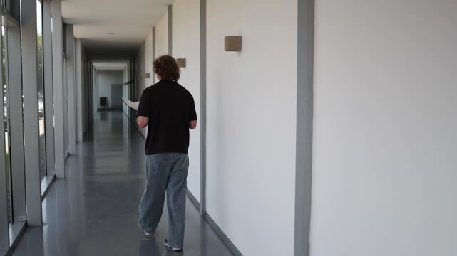 Vertical screen schoolboy walks to class while reading notes in the school hallway preparing for the lesson showing concentration responsibility and dedication to study