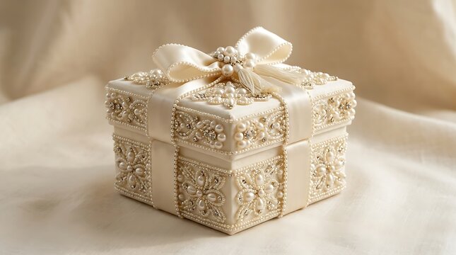 Luxurious Ivory Gift Box with Pearls and Embroidery on Silk Fabric