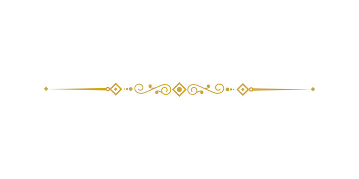 Elegant golden decorative line divider with ornate scrolls and diamonds, isolated on transparent background
