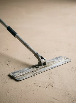 Metal bull float smoothing a wet concrete surface