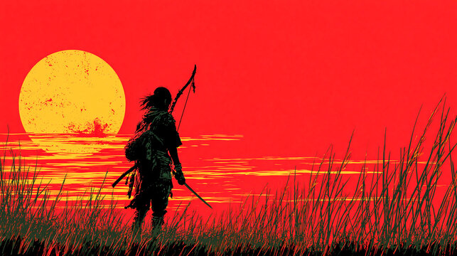 Silhouette of samurai warrior with bow and sword at sunset