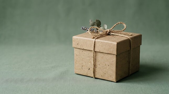 Rustic Kraft Paper Gift Box with Twine and Dried Lavender on Green Background