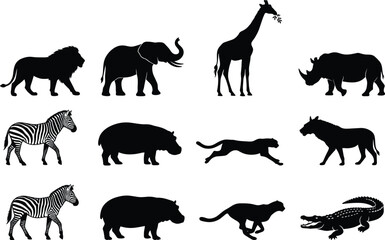 Collection of wild African safari animal silhouettes featuring lion elephant giraffe rhino zebra hippo cheetah hyena and crocodile isolated on white background © Mst Shamima