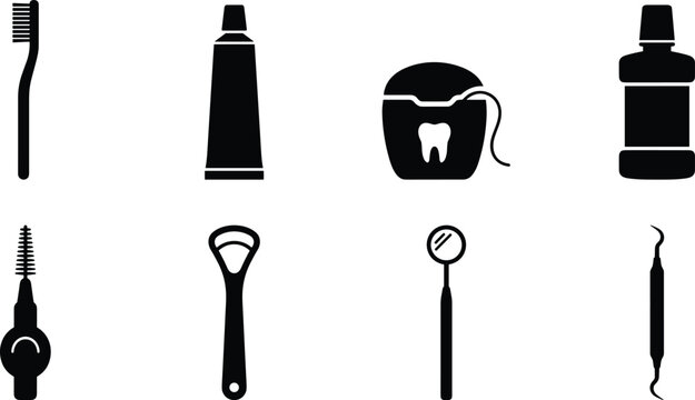 Dental care and oral hygiene icons set featuring toothbrush, toothpaste tube, dental floss, mouthwash, interdental brush, tongue scraper, and dentist tools.