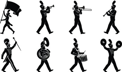 Marching band silhouette icon set featuring musicians in uniform playing trumpet trombone tuba drum cymbals and waving flag © Mst Shamima