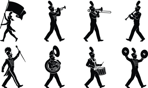 Marching band silhouette icon set featuring musicians in uniform playing trumpet trombone tuba drum cymbals and waving flag